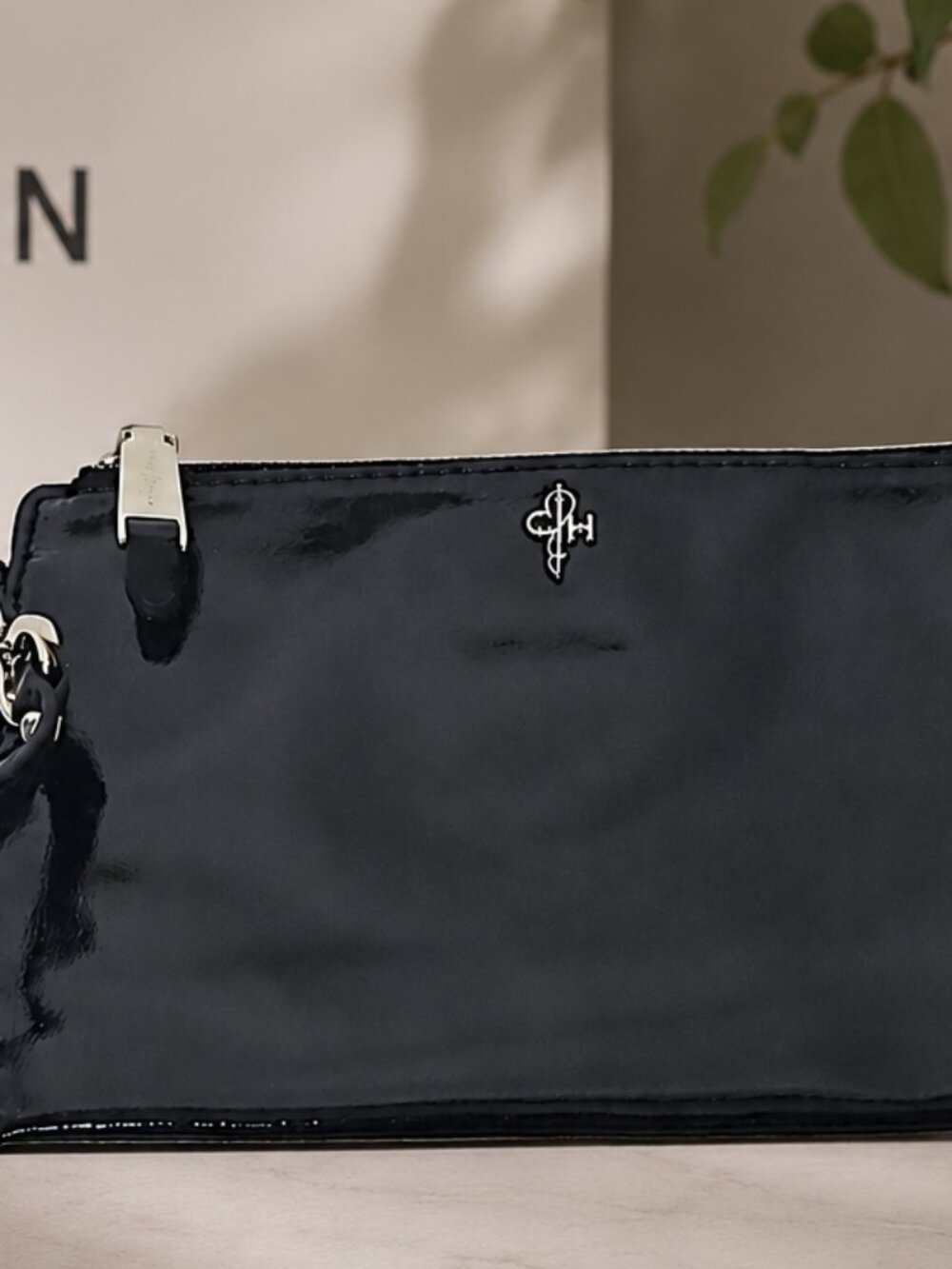Cole Haan Black Patent Leather Wristlet Pouch Wallet Purple Interior